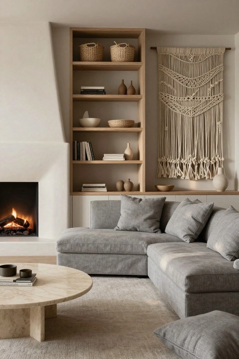 A minimalist living room with built-in oak shelving flanking a white plaster fireplace, styled with woven baskets, books, ceramics, and a large beige macrame wall hanging next to a gray L-shaped sofa and marble coffee table.