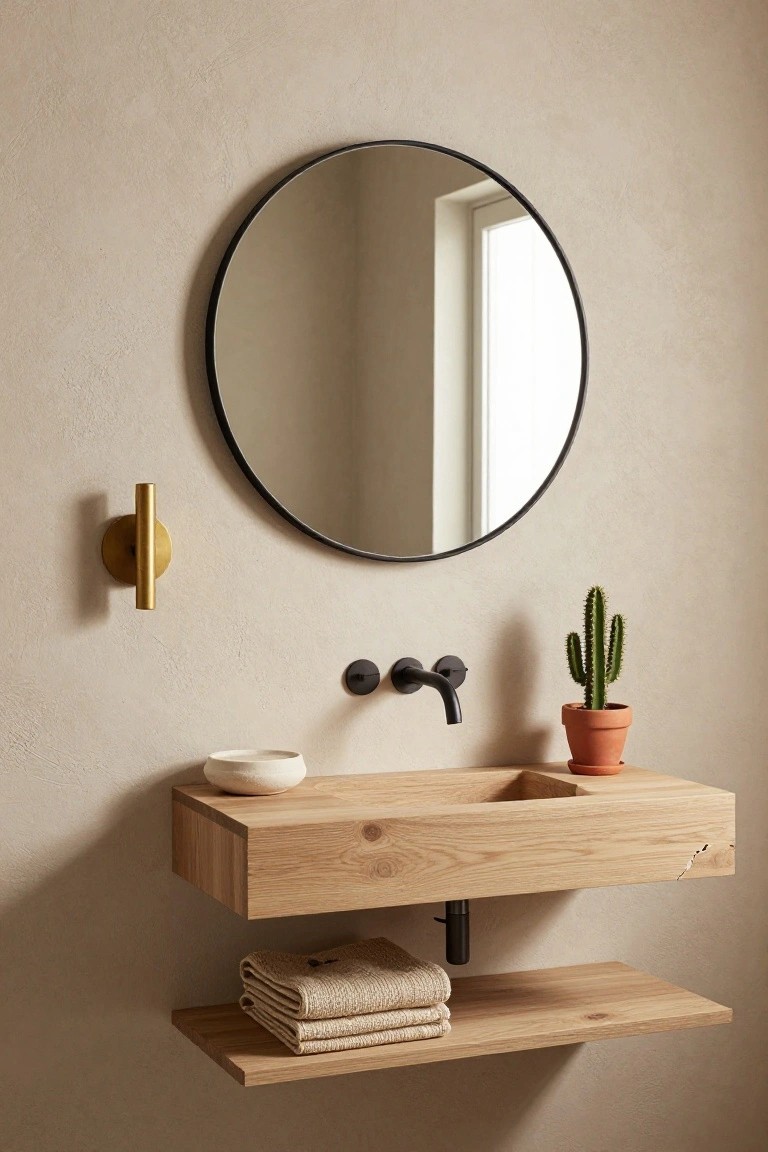 A minimalist beige bathroom with floating oak wood vanity, integrated white sink bowl, black faucet, round black-framed mirror, gold wall sconce, potted cactus, and folded towels on lower shelf.