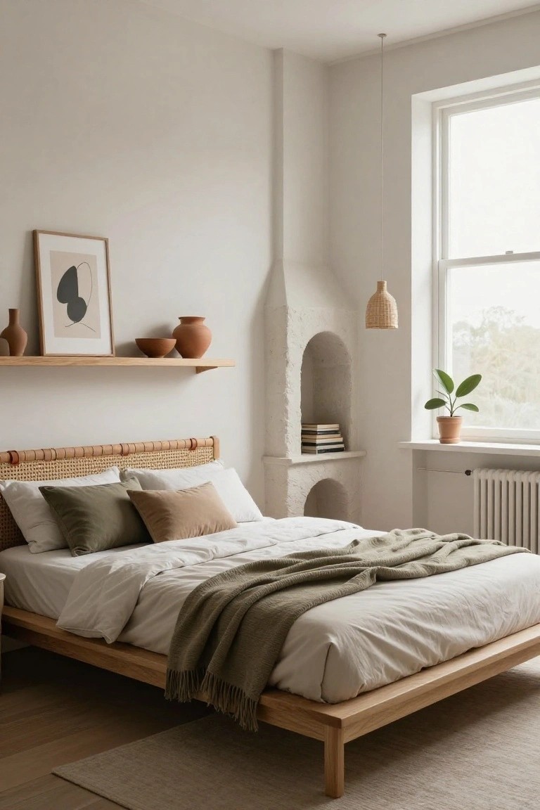 A minimalist bedroom corner with low wooden platform bed and rattan headboard, white sheets with green throw and pillows, wooden shelves holding art print and terracotta pottery, arched plaster niche with stacked books, potted plant on windowsill, and beige rug on wood floor.
