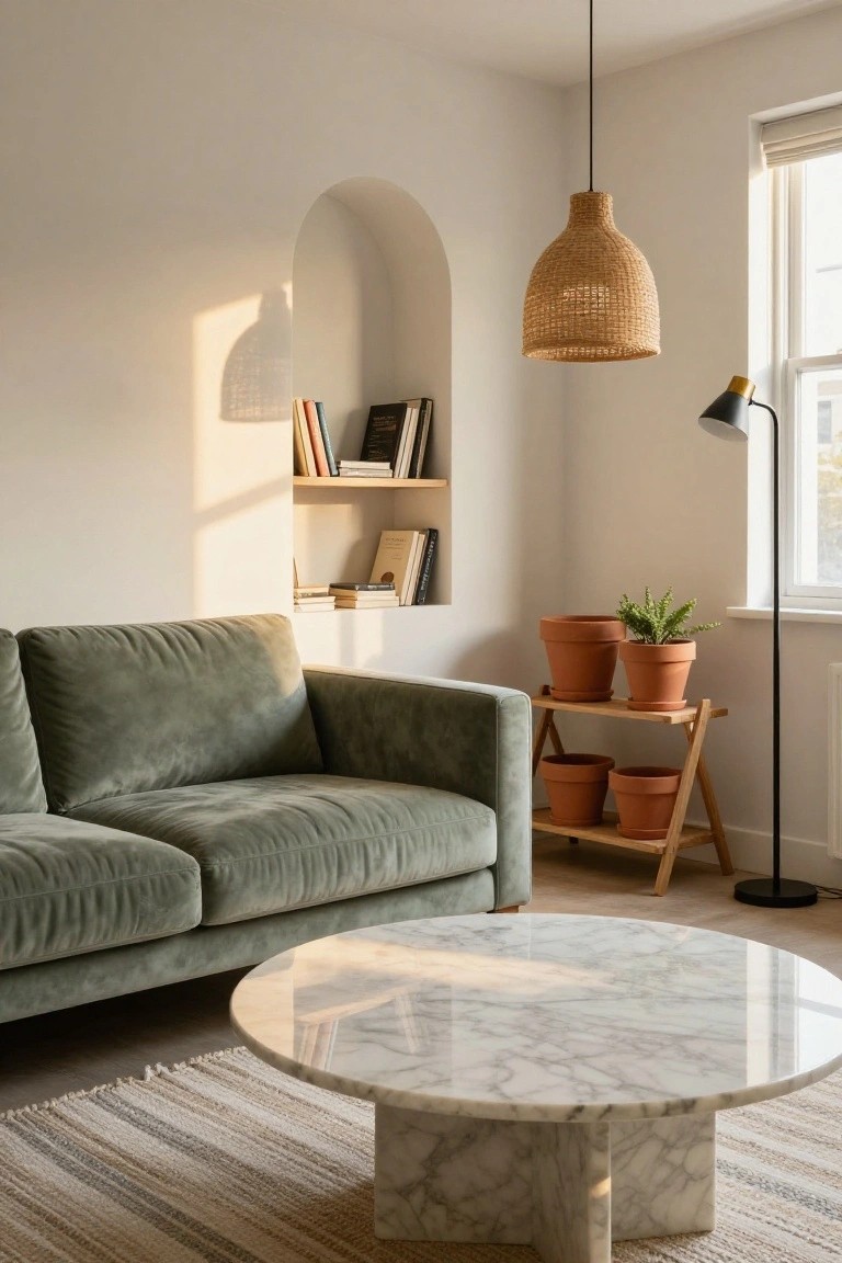 Modern living room with olive green velvet sofa, round white marble coffee table, wooden plant stand holding terracotta pots, rattan pendant light, black desk lamp, and arched wall niche with wooden shelves holding books next to a window.