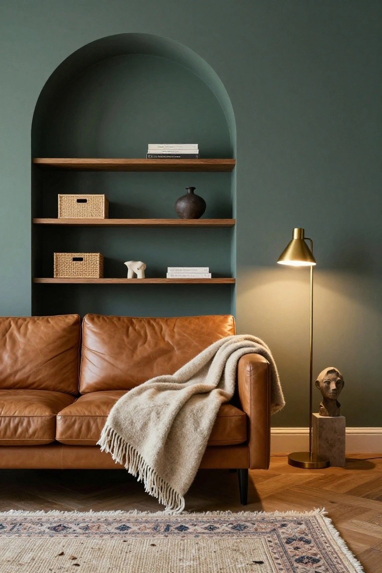 Living room interior with tan leather two-seater sofa draped in cream knit throw, gold arched floor lamp illuminating marble pedestal bust, sage green arched wall niche with three wooden shelves holding wicker boxes, vase, books, and elephant figurine, patterned rug on herringbone parquet floor.