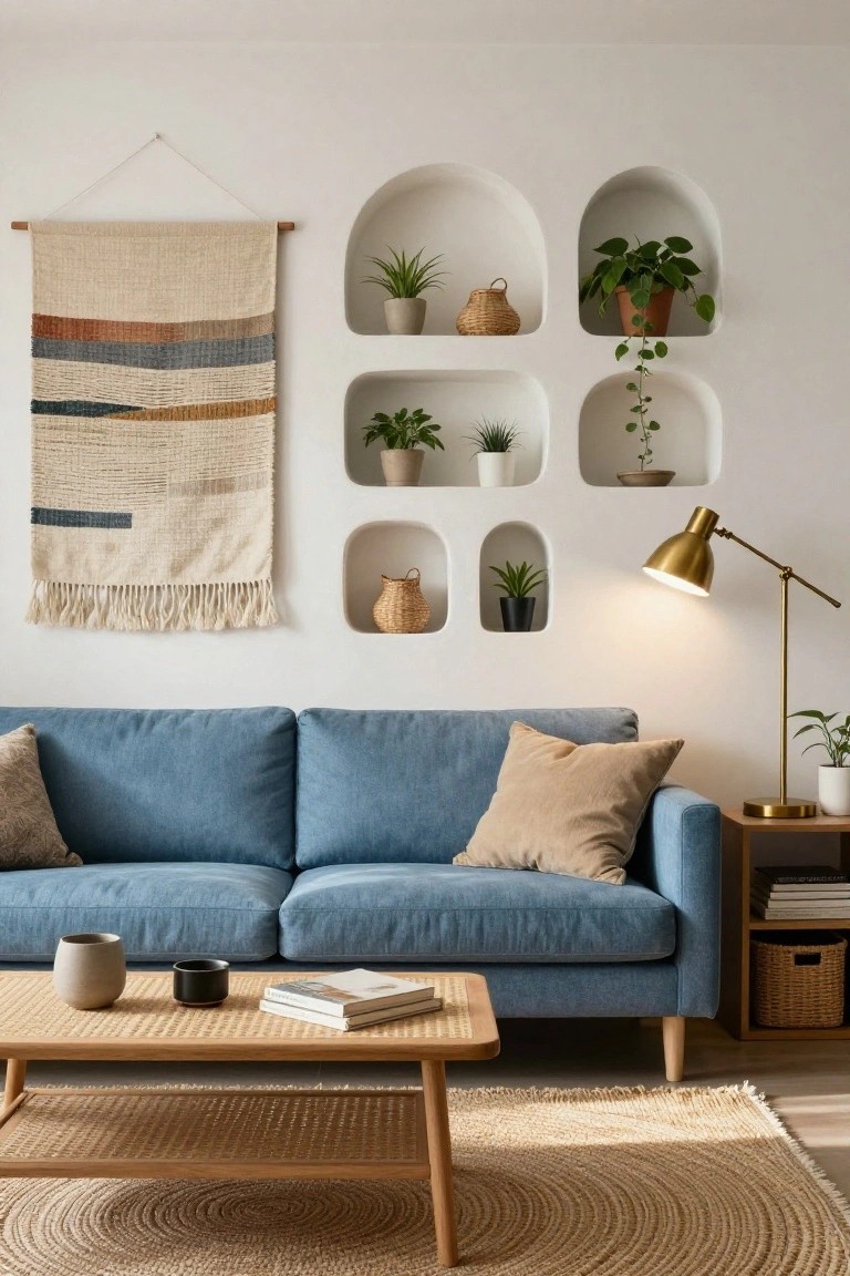 Modern living room with blue sofa, wooden coffee table, arched wall niches holding potted plants and woven baskets, large woven wall hanging, and gold desk lamp on side table.