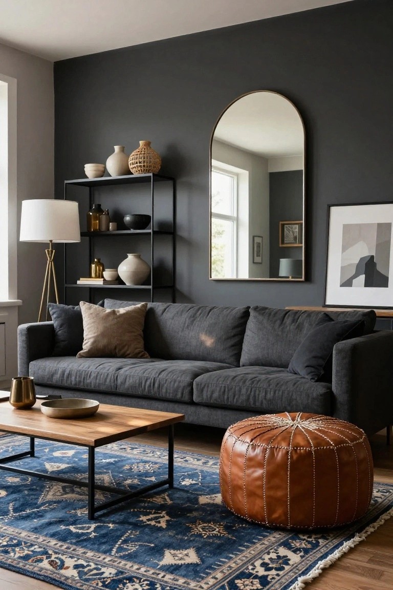 A living room with charcoal gray walls, gray fabric sofa with pillows, wood coffee table on a blue patterned rug, orange leather pouf, black metal shelving with pottery and glassware, arched gold mirror, floor lamp, and framed art.