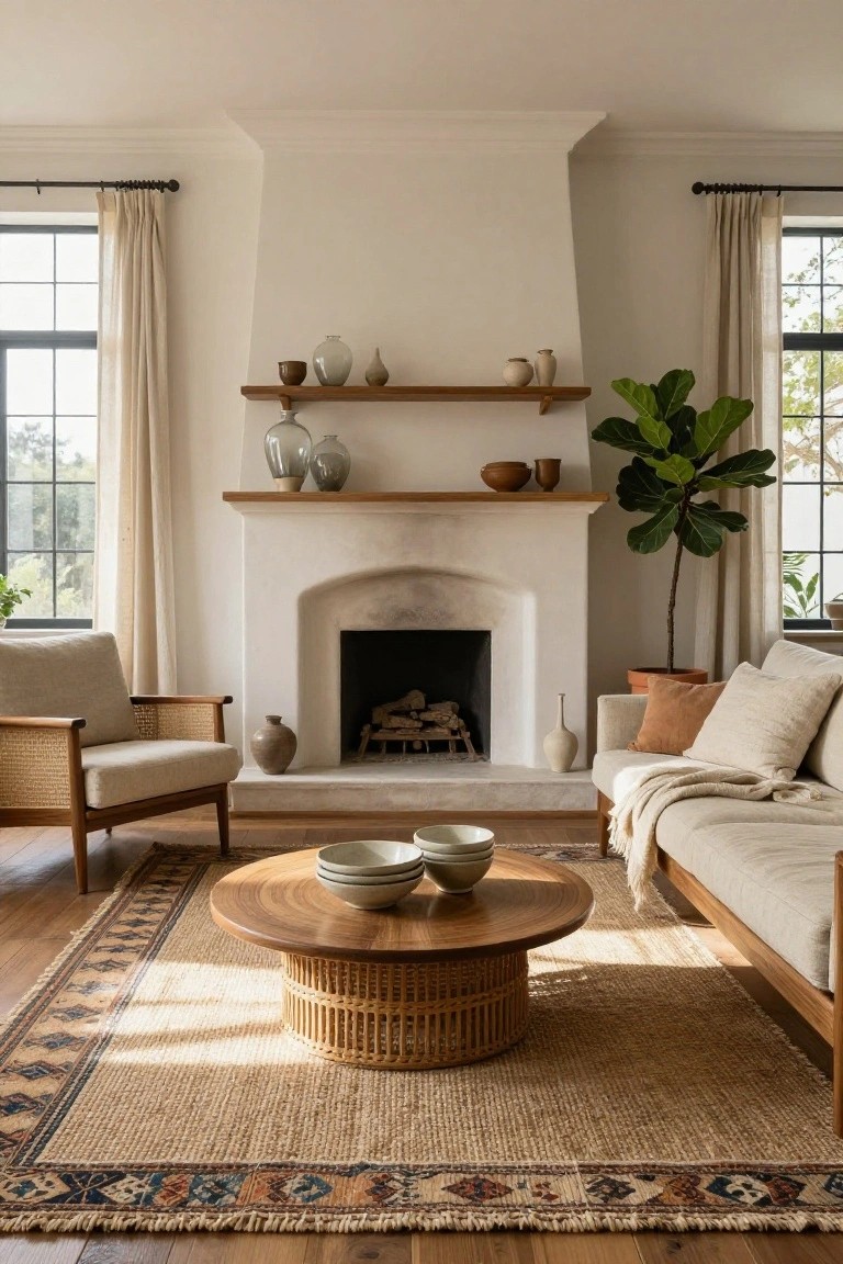 Living room with white arched stucco fireplace flanked by wood shelves holding ceramic vases and bowls, rattan armchairs, wood coffee table with stacked bowls, beige sofa, potted fiddle leaf fig plant, and neutral rug on wood floor.
