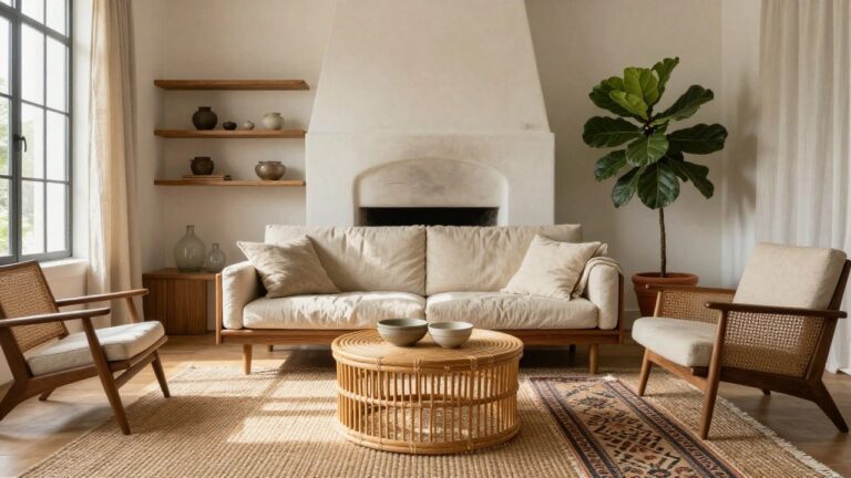 Living room with white arched stucco fireplace flanked by wood shelves holding ceramic vases and bowls, rattan armchairs, wood coffee table with stacked bowls, beige sofa, potted fiddle leaf fig plant, and neutral rug on wood floor.