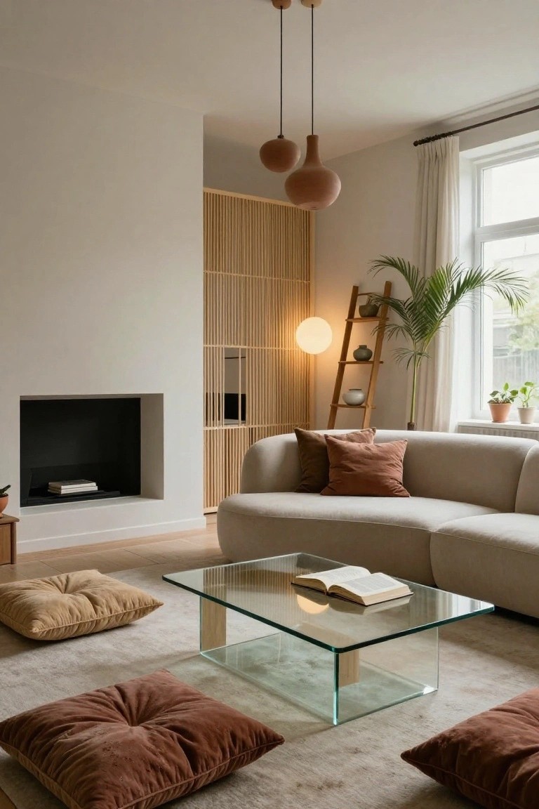 Modern living room featuring a curved beige sofa, clear glass coffee table with an open book, multiple plush floor cushions in beige and rust, bamboo slat screen divider, potted plants, ladder shelf, and pendant lights over a light wood floor.