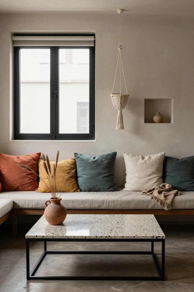 Modern boho living room with beige L-shaped linen sofa piled with rust, yellow, teal, and cream pillows, terracotta vase holding pampas grass on terrazzo coffee table with black metal frame, macrame plant hanger, niche shelf with pottery, and large window with roller blind.