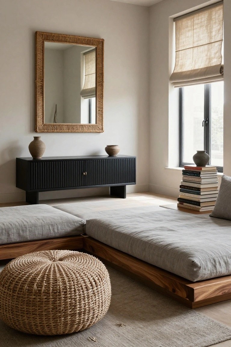Corner of a light beige room with low wooden platform bed in gray linen, woven rattan pouf on floor, black fluted credenza with terracotta vases, tall rattan mirror on wall, stacked books and pillow by window with rolled-up bamboo shades.