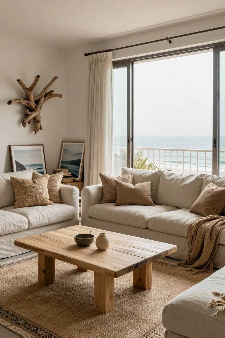 Modern boho living room with two low cream linen sofas facing each other around a rectangular natural wood coffee table, neutral pillows and throw, driftwood wall sculpture, framed ocean photos, sheer curtains on sliding glass doors to balcony overlooking sea.