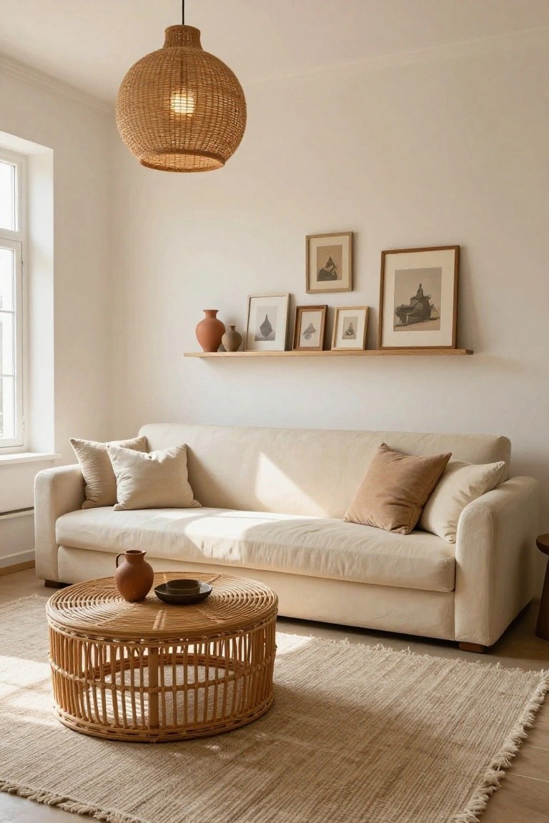 A light beige living room with cream sofa, round rattan coffee table holding terracotta pots and bowl, woven rattan pendant lamp, wooden wall shelf displaying pottery and framed artwork, neutral fringed rug, and window light.