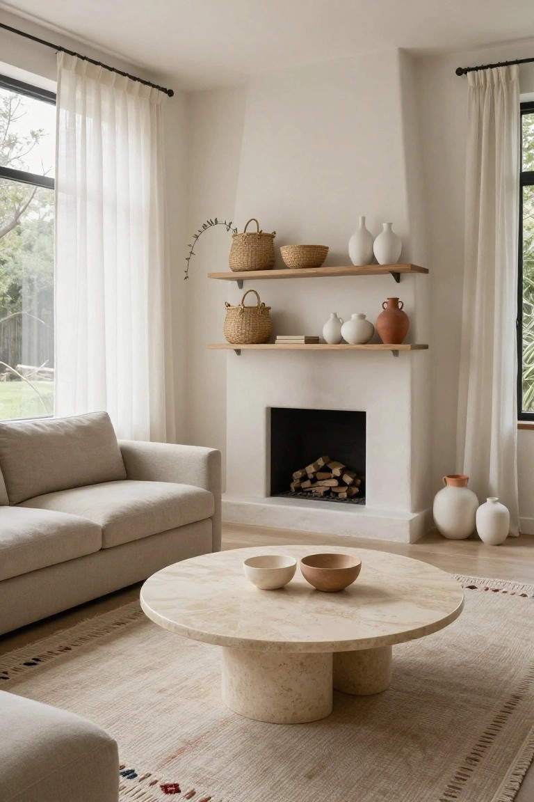 Beige living room with round double-pedestal travertine coffee table holding white and wooden bowls, light gray sofa, plaster fireplace with stacked logs, wooden shelves displaying wicker baskets and ceramic vases, sheer curtains on corner windows showing trees and grass outside, and neutral patterned rug on light wood floor.