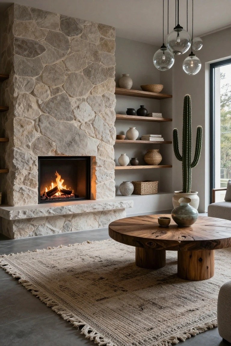 Living room with light gray stone wall around a lit fireplace, wooden floating shelves holding ceramics, baskets, and books, tall potted cactus, round wooden coffee table on fringed rug, and clustered glass pendant lights.