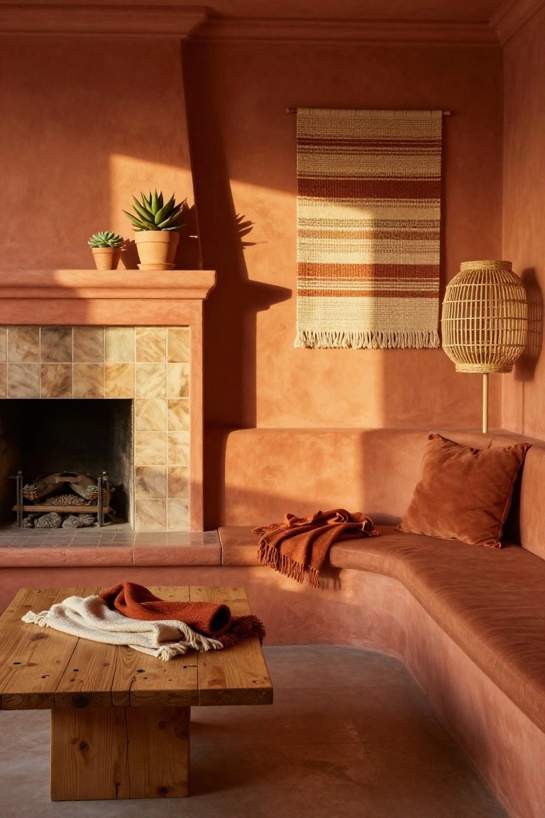 Terracotta-plastered living room corner with fireplace, potted plants on mantel, curved bench with orange pillows and throw blanket, low wooden coffee table with white and orange blankets, woven wall hanging, and bamboo floor lamp.