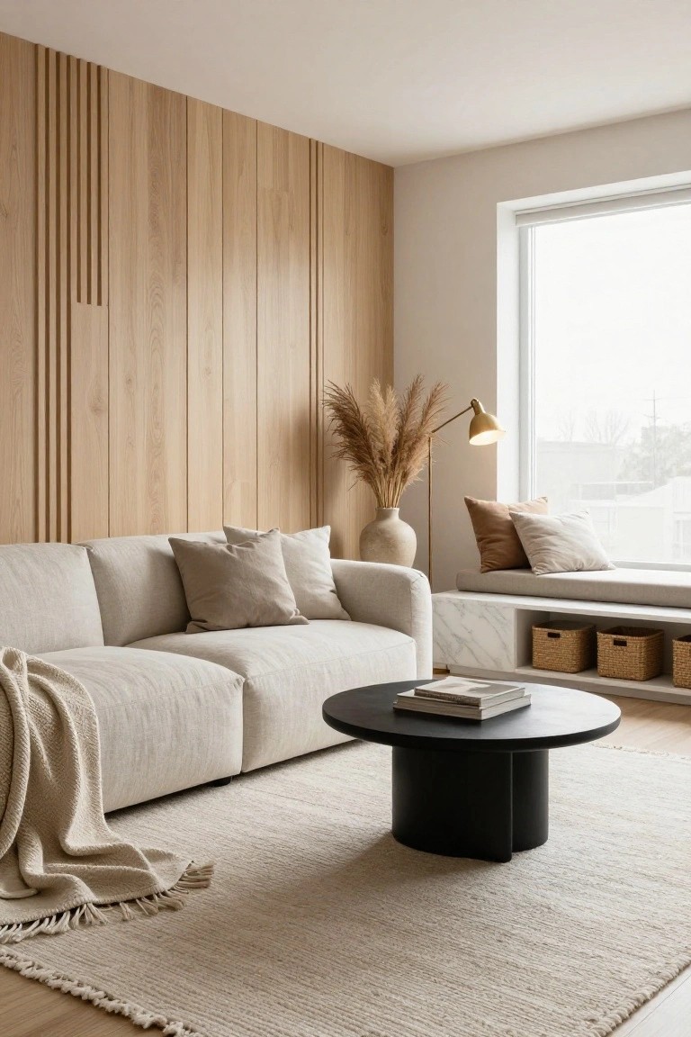 Modern living room with light vertical oak wood slat panels on one wall, cream modular sofa with pillows and throw, black pedestal coffee table, tall potted pampas grass, beige window seat with cushions and baskets, and white rug.
