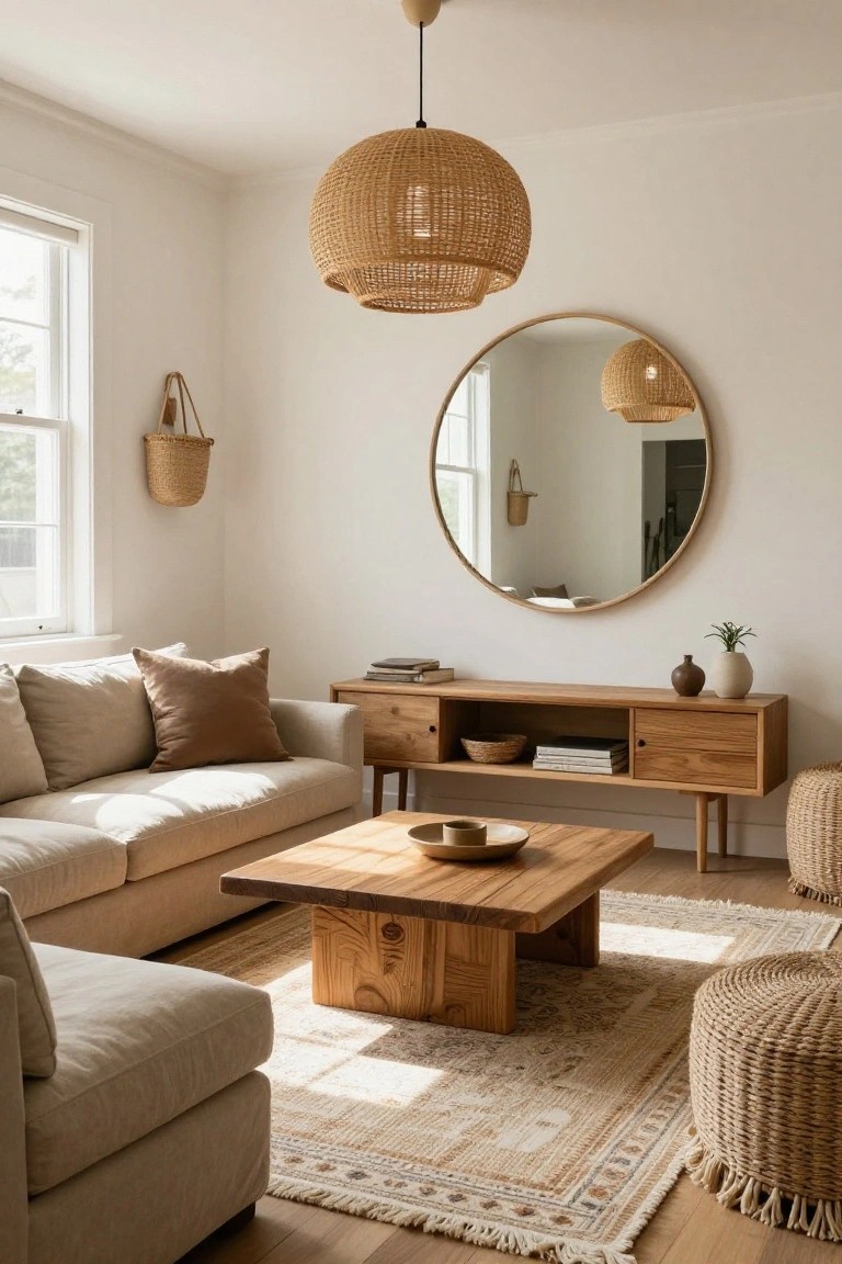 Cozy living room with wooden furniture, woven accents, and natural light.
