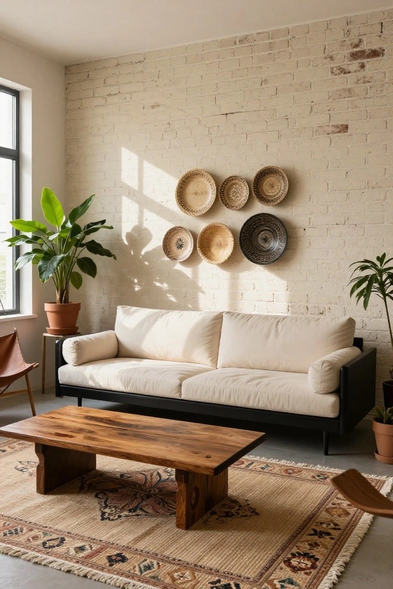 Modern living room with cream sofa on black frame, wooden coffee table on patterned rug, potted plants, woven and patterned baskets on white brick wall, and window with natural light.