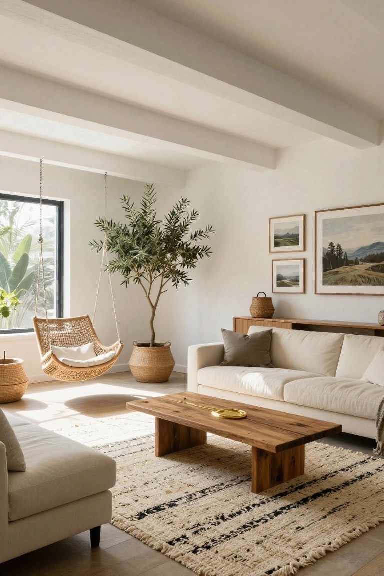 Bright living room with white walls, cream sofa, wooden coffee table, beige woven hanging swing chair with white cushion, large potted olive tree, and cream rug with black stripes on light wood floors.