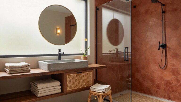 18 Serene Modern Boho Bathroom Ideas for a Spa Like Escape at Home Compact modern bathroom with warm terracotta hexagonal tiles on walls, floating wooden vanity with rattan drawer fronts holding folded towels, round gold mirror, black wall-mounted faucet, glass shower enclosure, potted bird of paradise plant, and woven stool.