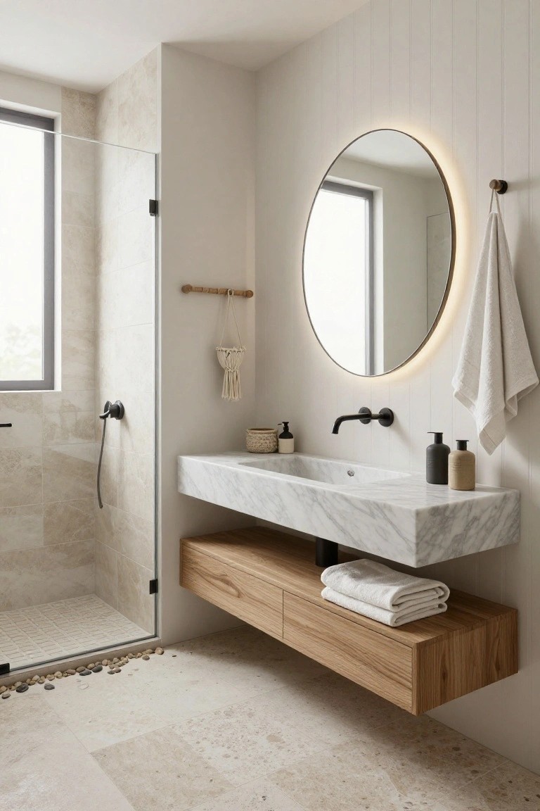 Modern bathroom with frameless glass shower enclosure, floating white marble vanity over oak wood shelf holding folded towels, round backlit mirror with hanging towel, black faucet, and neutral stone tile floors and walls.