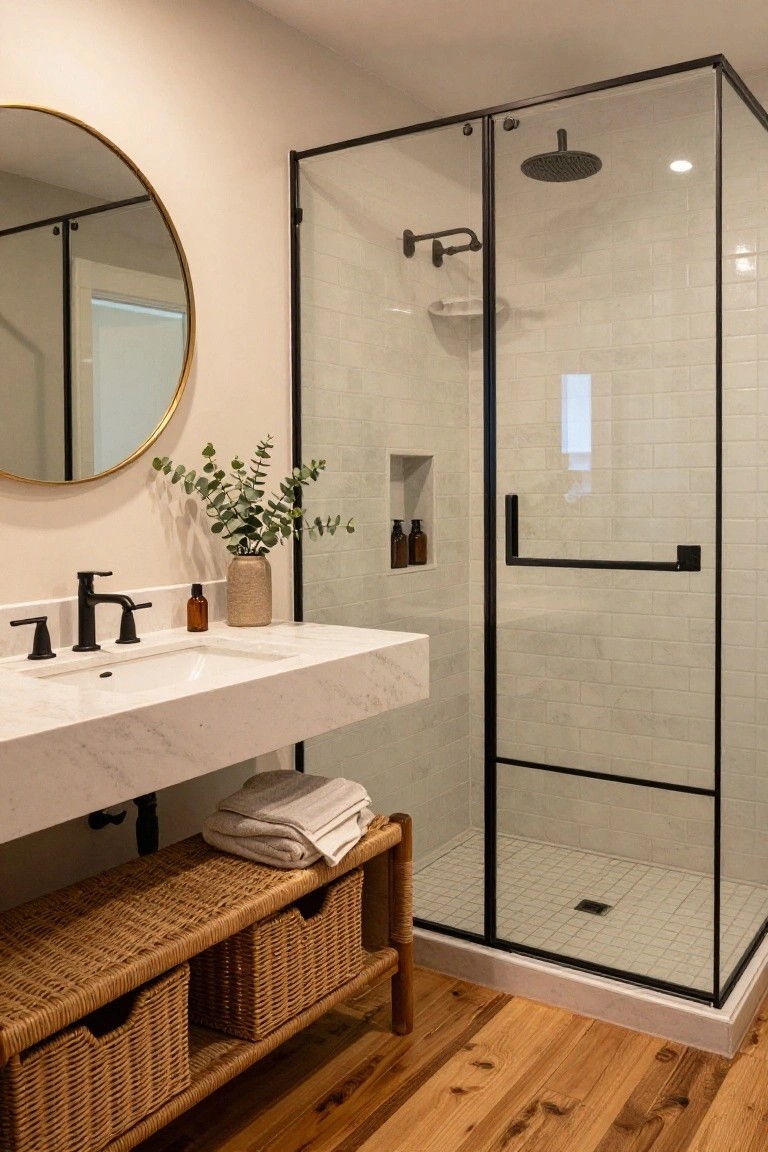 Modern bathroom with floating white marble vanity, black faucet, gold round mirror, eucalyptus in vase, rattan bench holding woven baskets underneath, and black metal-framed glass shower with white subway tiles on wood floors.
