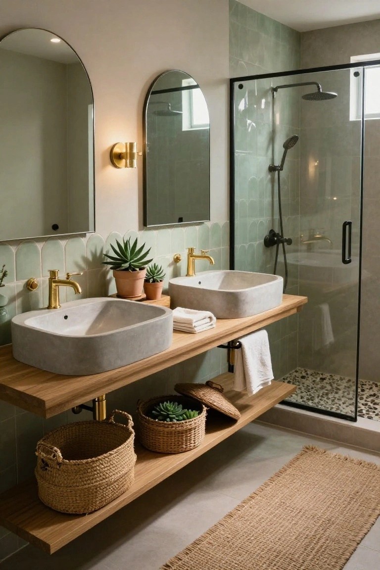 Bathroom interior with light wood floating shelf vanity holding two square beige concrete sinks, gold faucets with exposed pipes, potted plants, woven baskets, arched mirrors, sage green scalloped tiles, and glass shower enclosure on pebble floor.