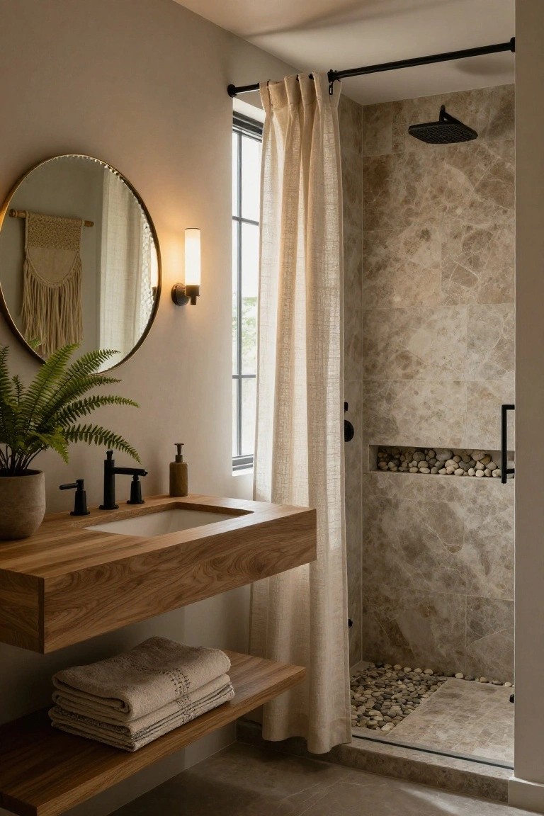 Modern bathroom interior with floating wooden vanity and sink, round gold mirror with macrame hanger, potted fern plant on vanity, black metal faucets and soap dispenser, linen shower curtain on black rod enclosing stone-tiled shower with pebble floor and niche shelf.