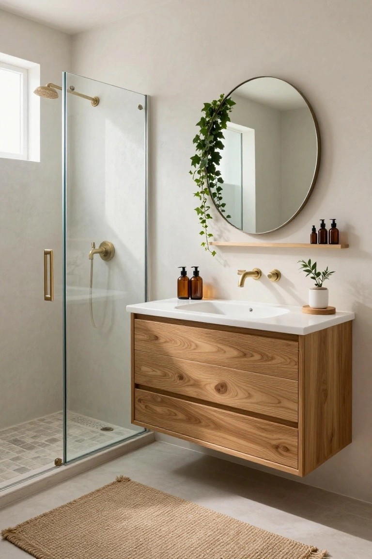 Modern bathroom with floating oak wood vanity cabinet under white sink, brass wall faucet, round brass mirror with ivy vine, glass shower enclosure, neutral tiled walls and floor, potted plants, and seagrass rug.