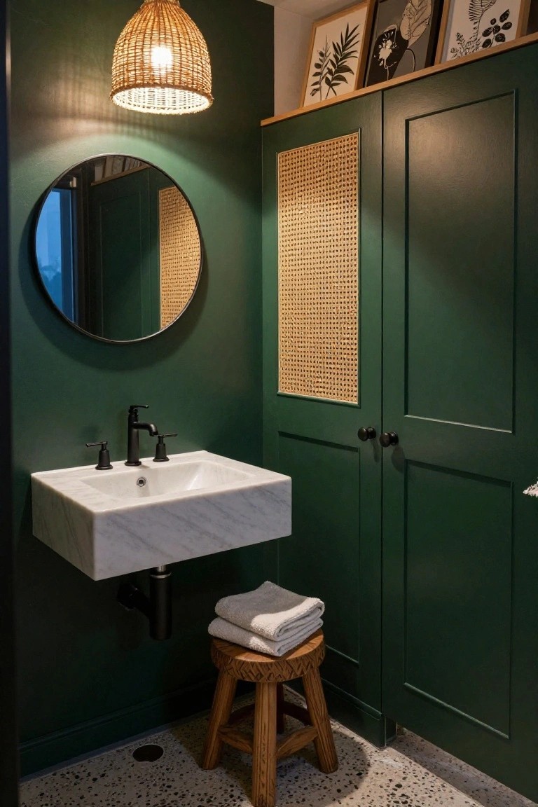 Small bathroom with deep green walls and double doors, one with woven cane panel, floating white marble sink with black faucet, round black mirror, stacked white towels on wooden stool, rattan pendant light, and speckled terrazzo floor.