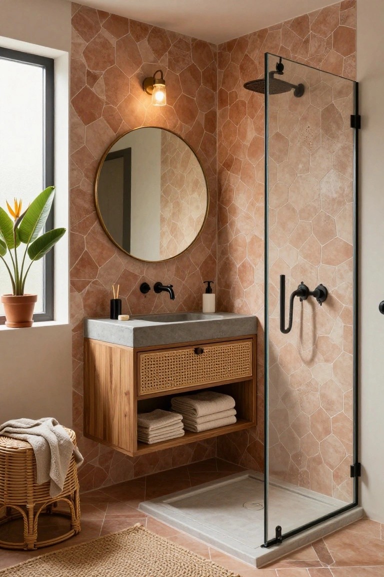 Compact modern bathroom with warm terracotta hexagonal tiles on walls, floating wooden vanity with rattan drawer fronts holding folded towels, round gold mirror, black wall-mounted faucet, glass shower enclosure, potted bird of paradise plant, and woven stool.
