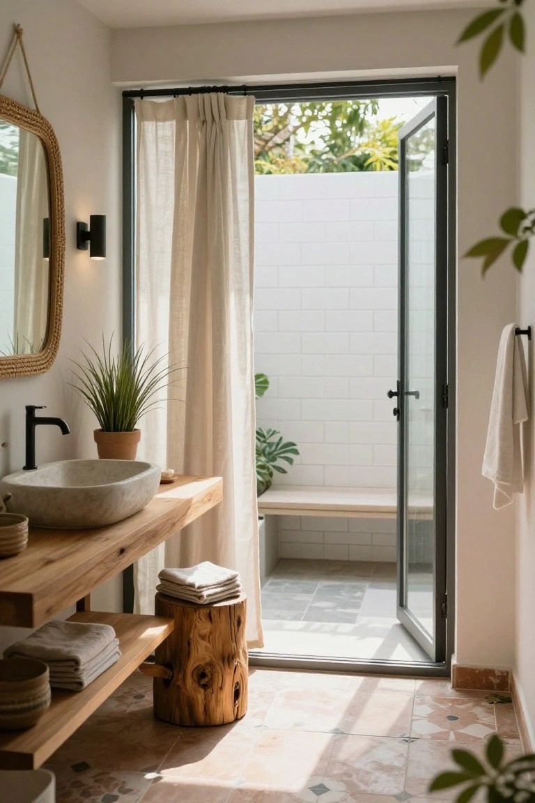 A boho-style bathroom featuring a wooden vanity with stone sink, rattan mirror, potted plants, towels on shelves, and open sliding glass doors with sheer curtains leading to a white-tiled outdoor patio with bench and greenery.