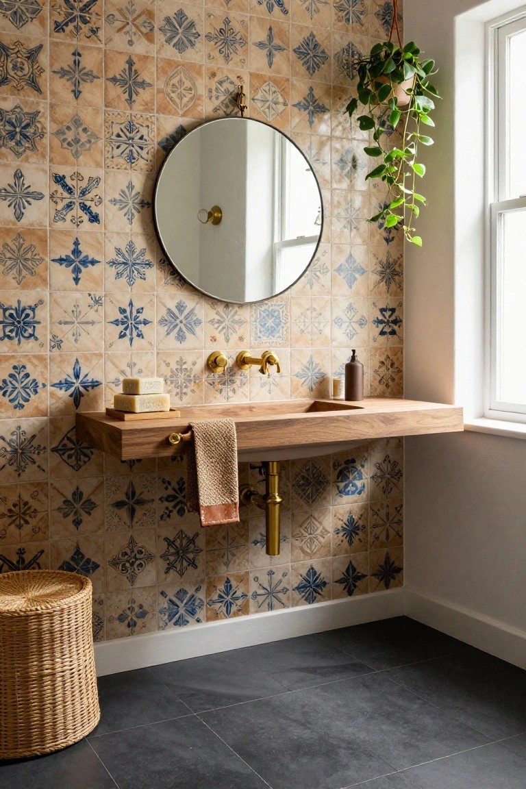 Bathroom with blue and beige star-patterned tiles on walls, floating wooden vanity with brass faucet and soap dish, round mirror, hanging plant, woven stool, and black tile floor.