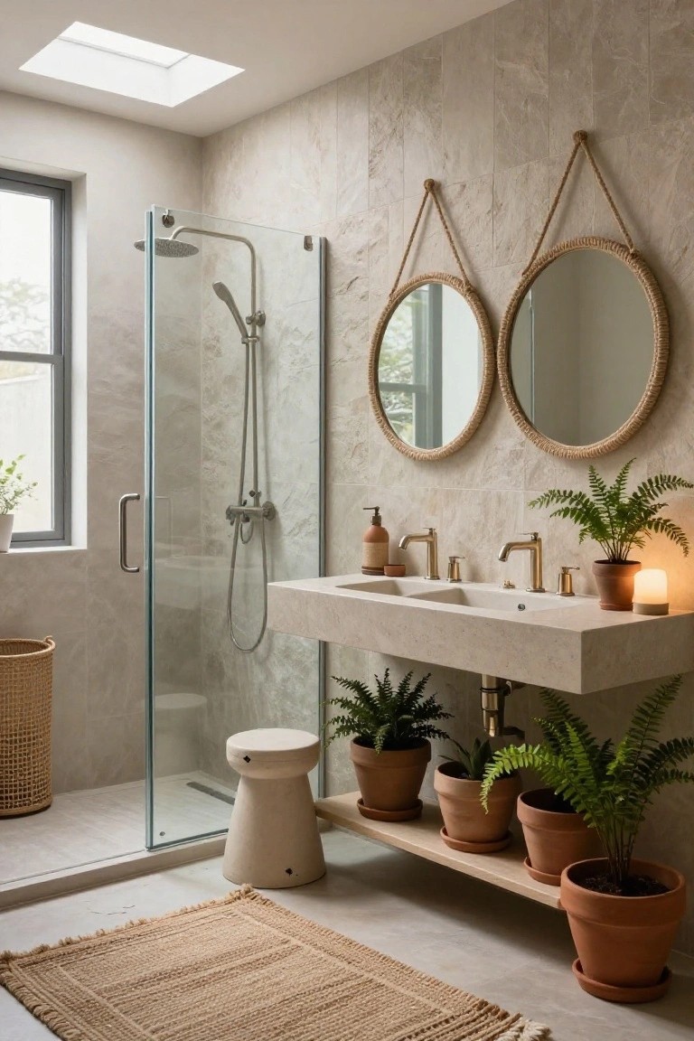 Modern bathroom featuring beige stone-look tiled walls, a glass shower enclosure, floating double sink vanity with a wooden shelf below holding multiple terracotta potted plants, two round rope-wrapped mirrors, and a woven rug on the floor.