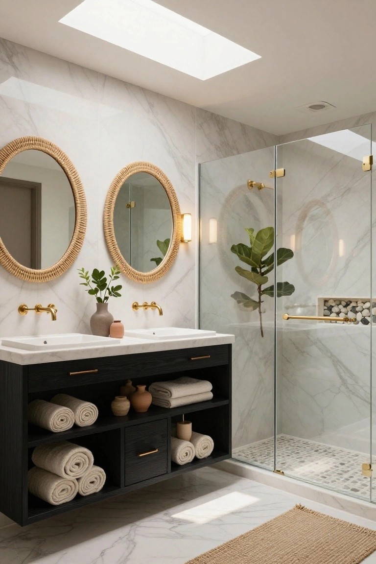 Modern bathroom with white marble walls and floor, two oval rattan-framed mirrors above a black double vanity holding rolled towels and ceramics, gold faucets and shower fixtures, glass shower enclosure with plants and pebble niche, skylight above.