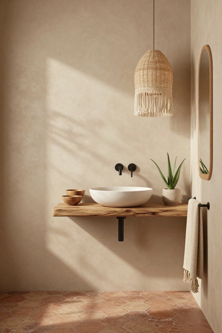 Corner of a bathroom with beige textured walls, a floating live-edge wooden shelf holding a white vessel sink, two wooden bowls, and a potted aloe plant, black wall-mounted faucets, a white towel on a black bar, rattan pendant light hanging above, oval rattan mirror on the wall, and terracotta hexagonal floor tiles.