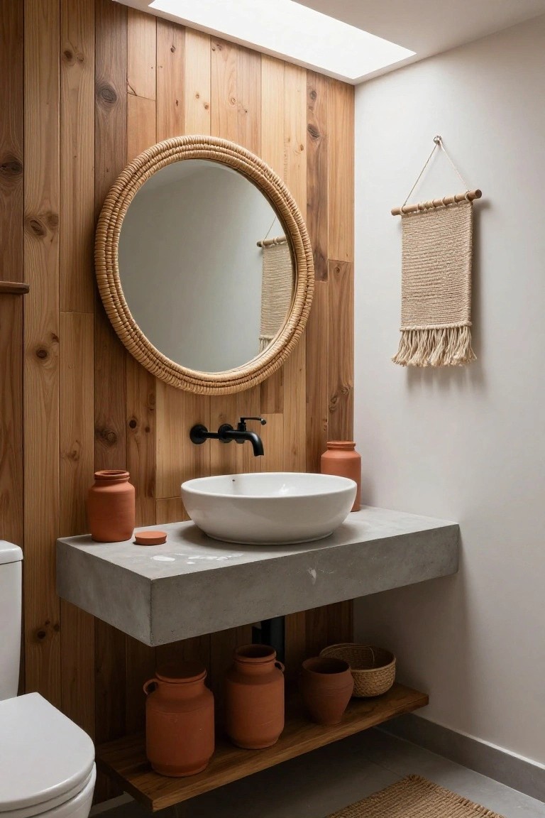 Bathroom with vertical warm wood plank accent wall, large round braided rattan mirror, wall-mounted concrete vanity holding white vessel sink and black wall faucet, terracotta pots on shelf and vanity, woven hanging tapestry, white toilet, and seagrass rug.
