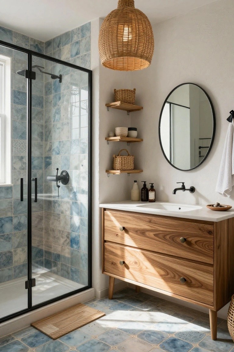 Bright bathroom with black-framed glass shower enclosure featuring blue patterned tiles, light wood veneer vanity with white sink and brass pulls, round black mirror, rattan pendant light, floating shelves holding woven baskets and ceramics, and matching blue tile floor.
