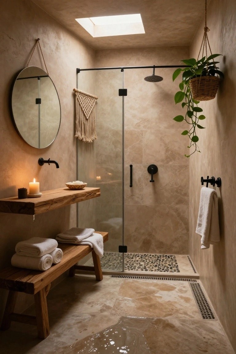 Beige-tiled bathroom interior with wooden bench holding folded white towels next to glass shower enclosure, wooden shelf sink with candle and bowl, round mirror, hanging plants, and macrame wall hanging.