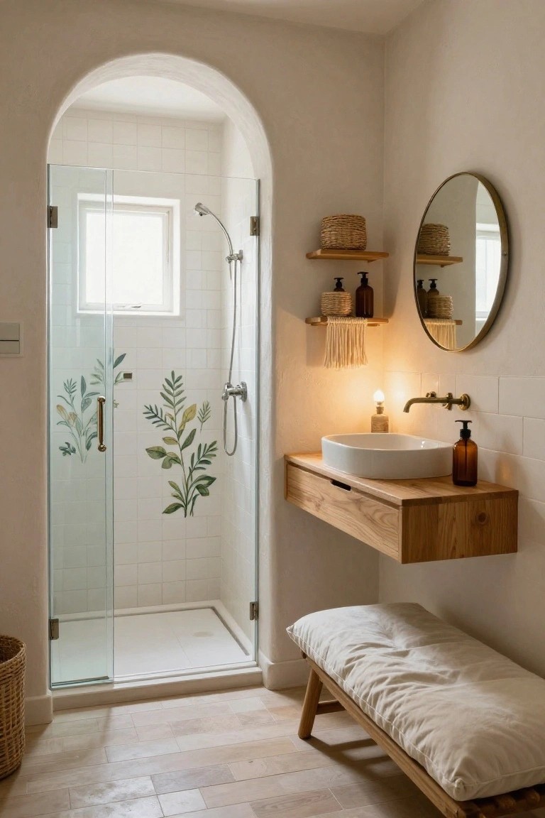 A light-filled bathroom with white tiled walls, arched doorway, glass shower enclosure with leaf decals, floating wooden vanity holding a white sink and brass faucet, round mirror, wooden shelves with baskets and bottles, wooden bench with beige cushion, and light wood flooring.