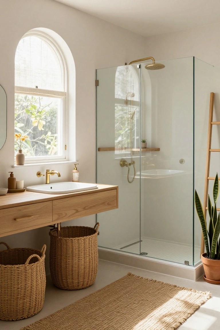 Bright bathroom with arched window, floating wooden vanity, gold faucet and showerhead on glass enclosure, wooden ladder shelf, snake plant in pot, two large woven seagrass baskets, and jute rug.