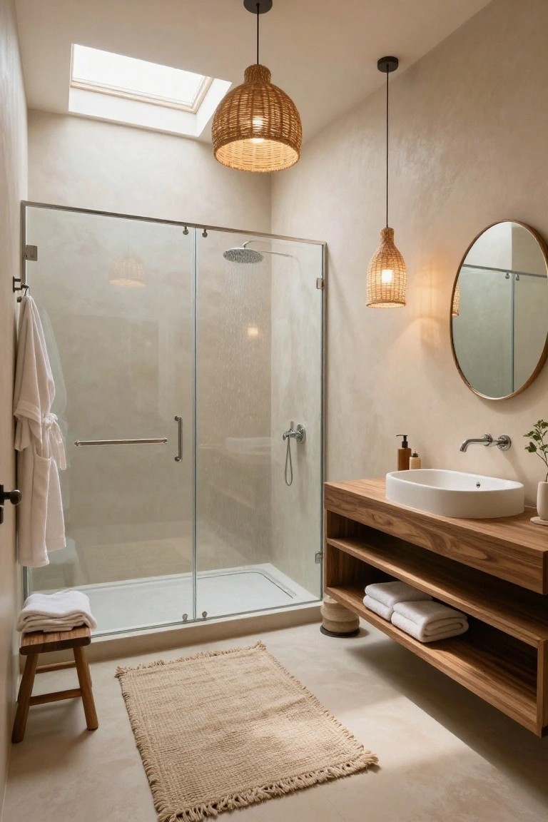 Modern bathroom with glass shower enclosure, wooden vanity storing folded towels, woven rattan pendant lights, round mirror, white sink, and neutral beige walls under a skylight.