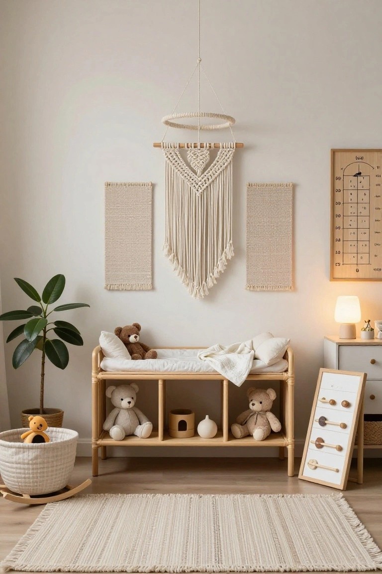 A light nursery room with beige walls featuring three macrame and woven wall hangings above a rattan changing table holding stuffed teddy bears, flanked by a wooden dresser, potted plants, wooden toys, and a cream rug on light wood flooring.