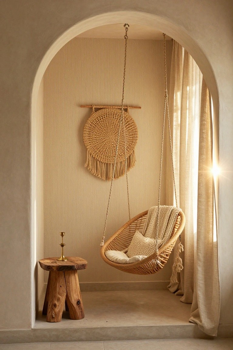 Arched indoor alcove with beige textured walls, large round woven rattan wall hanging with fringes, hanging rattan swing chair with pillows and knit blanket, wooden stool with brass candlestick holder, and sheer curtains in sunlight.