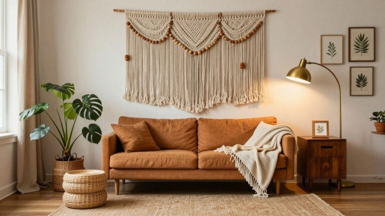 18 Textured Boho Wall Decor Ideas That Instantly Add Depth Beige living room corner with large knotted macrame wall hanging above mustard linen sofa, wooden coffee table holding bowl of green vegetables, monstera plants in stacked woven pots, brass arc lamp, and seagrass rug on concrete floor.