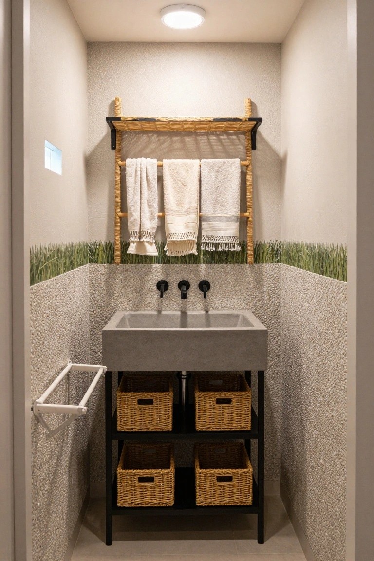 Small indoor bathroom with light beige pebbled textured walls, green grass decal border at the base, concrete sink on black metal stand holding wicker baskets, rattan towel rack with white towels hanging above, and recessed ceiling light.