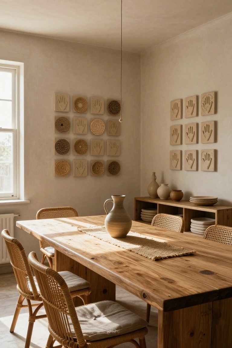 Light beige dining room interior with wooden table and rattan chairs, beige walls decorated with square clay plaques showing hand imprints and round woven baskets, wooden shelves holding pottery and plates.