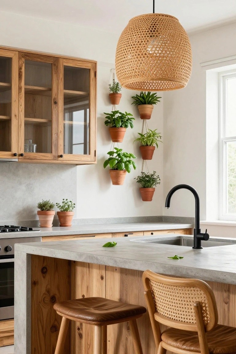 Kitchen interior featuring wooden cabinets with glass doors, a concrete island with wooden stools, black faucet at the sink, and multiple terracotta pots with herbs hanging from ropes on a white wall.