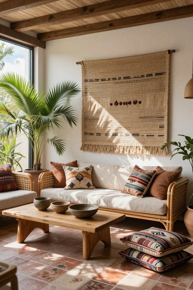 Indoor living room featuring a white sofa with patterned cushions on rattan frame, low wooden coffee table with ceramic bowls, potted palms, wooden beamed ceiling, terracotta tile floor, and a large beige woven tapestry hanging on a white wall next to a window.