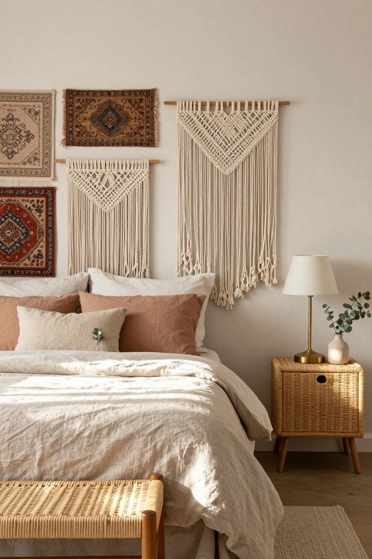 Beige bedroom with white linen bed, peach and white pillows, walls decorated with multiple white macrame hangings and small patterned rugs on wooden dowels, rattan nightstand holding brass lamp and vase with eucalyptus, wicker bench at bed foot.