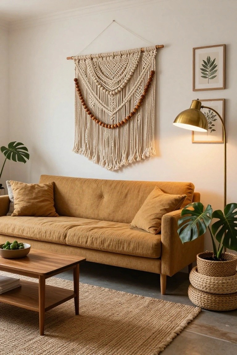 Beige living room corner with large knotted macrame wall hanging above mustard linen sofa, wooden coffee table holding bowl of green vegetables, monstera plants in stacked woven pots, brass arc lamp, and seagrass rug on concrete floor.