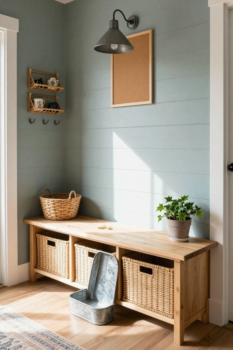 Corner interior with pale blue shiplap walls, wooden bench with wicker and metal storage baskets, ivy plant in terracotta pot on bench, wall-mounted bamboo shelves holding mugs, cork bulletin board, wall hooks, pendant light, and hardwood floor with rug.